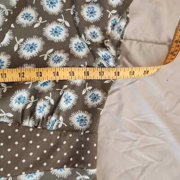 Boden Empire Waist Midi Dress Brown Blue Polka Dot Floral - Picture 9 of 11